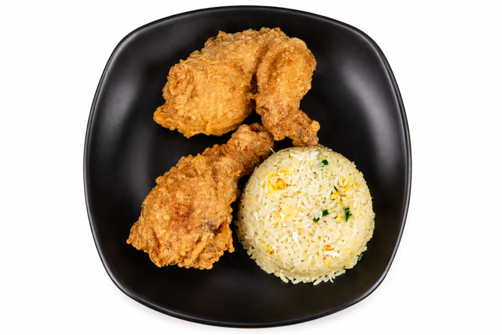 2 Pieces Chinese-style Fried Chicken + Egg Rice + Gravy Sauce – قطعتين دجاج مقلي صيني + أرز بالبيض + صوص مرق