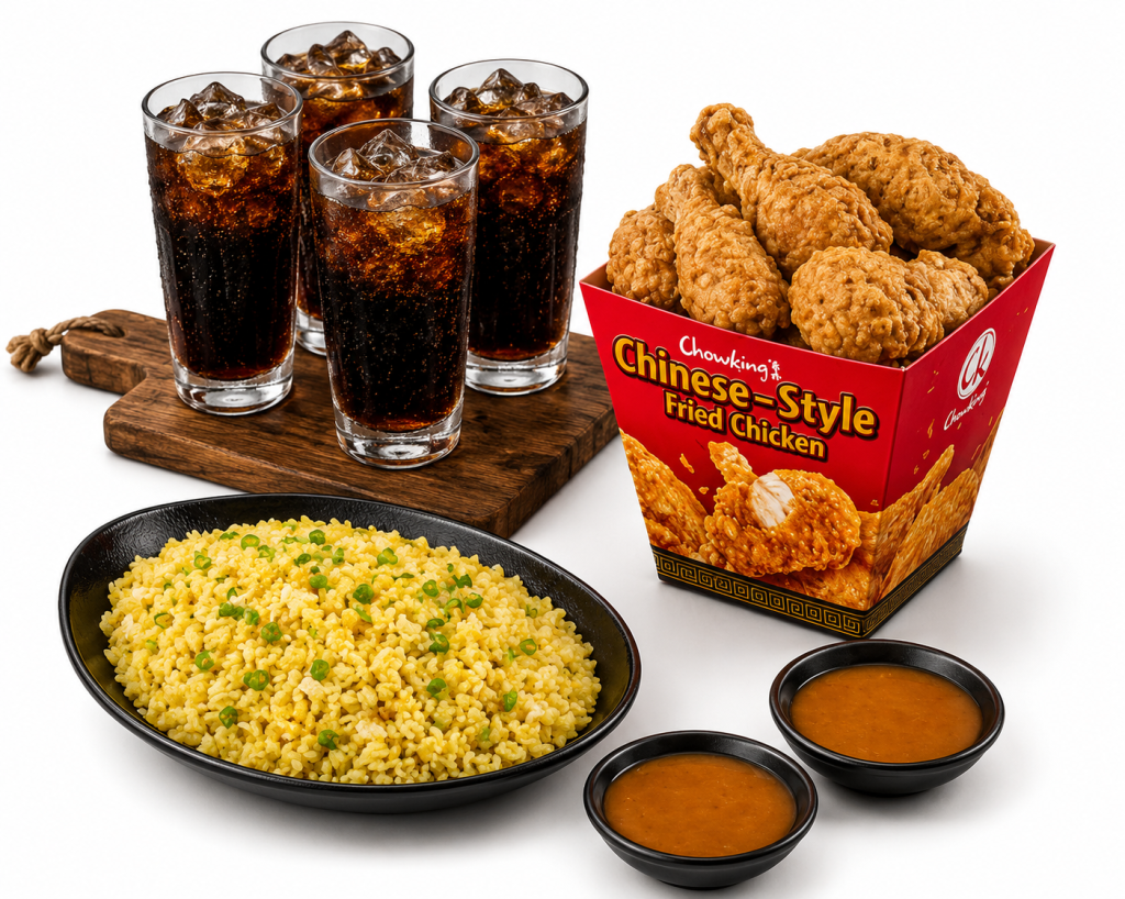 8 Pieces Chinese Style Fried Chicken Bucket Meal with Rice + Drinks + Gravy Sauce – وجبة دلو 8 قطع دجاج مقلي صيني مع أرز + مشروبات + صوص مرق